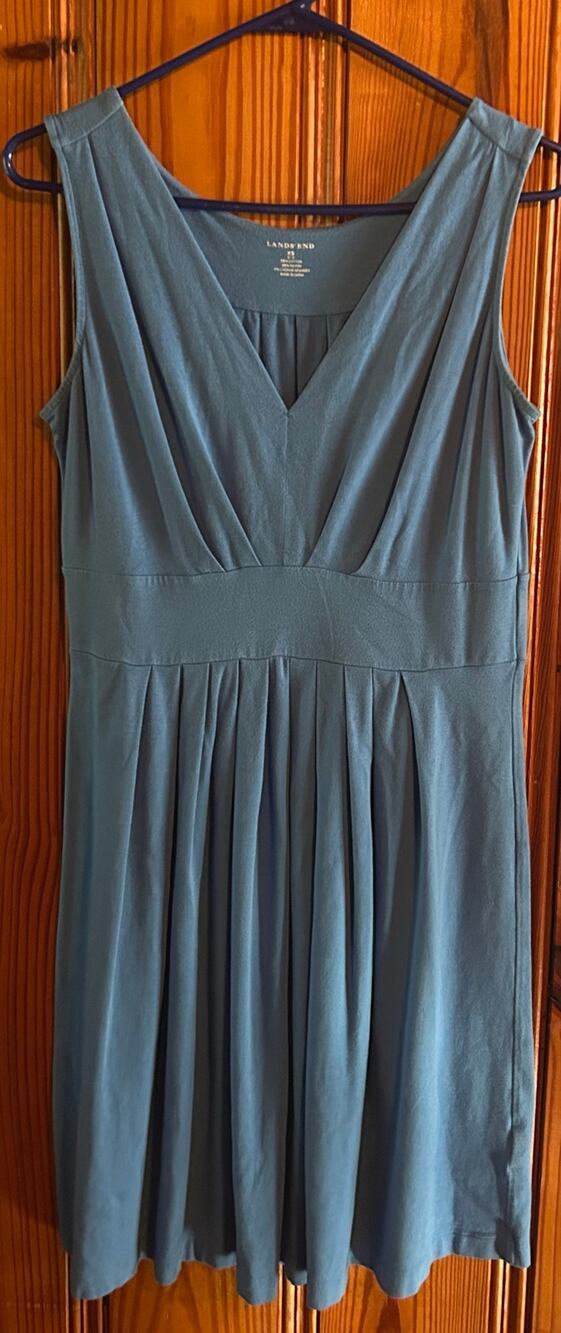 Lands End Womens V-Neck Cotton Tank Dress Sz XS Blue Cotton Knee Length Pleated
